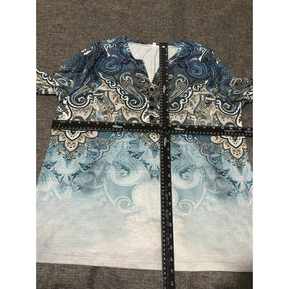 Unbranded Women XL Long Sleeve Top Blue Paisley Henley V-Neck - Picture 2 of 7